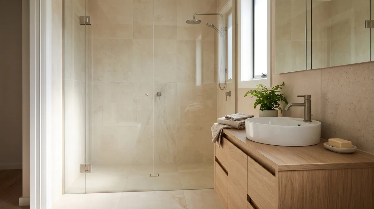 Bathroom with a glass shower, white vessel sink and wooden vanity.