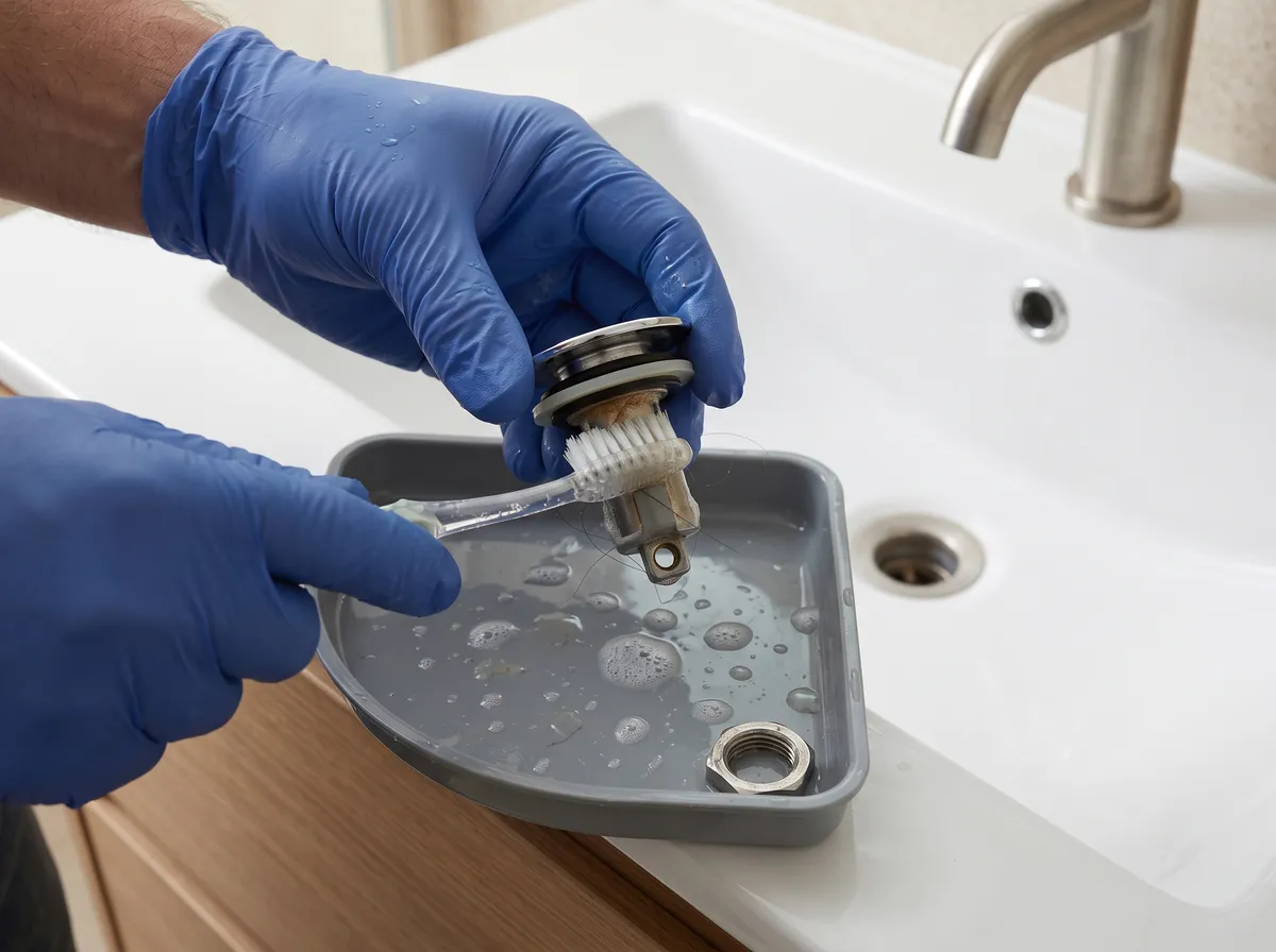 Brushing hair and residue from a removable sink stopper over a tray.