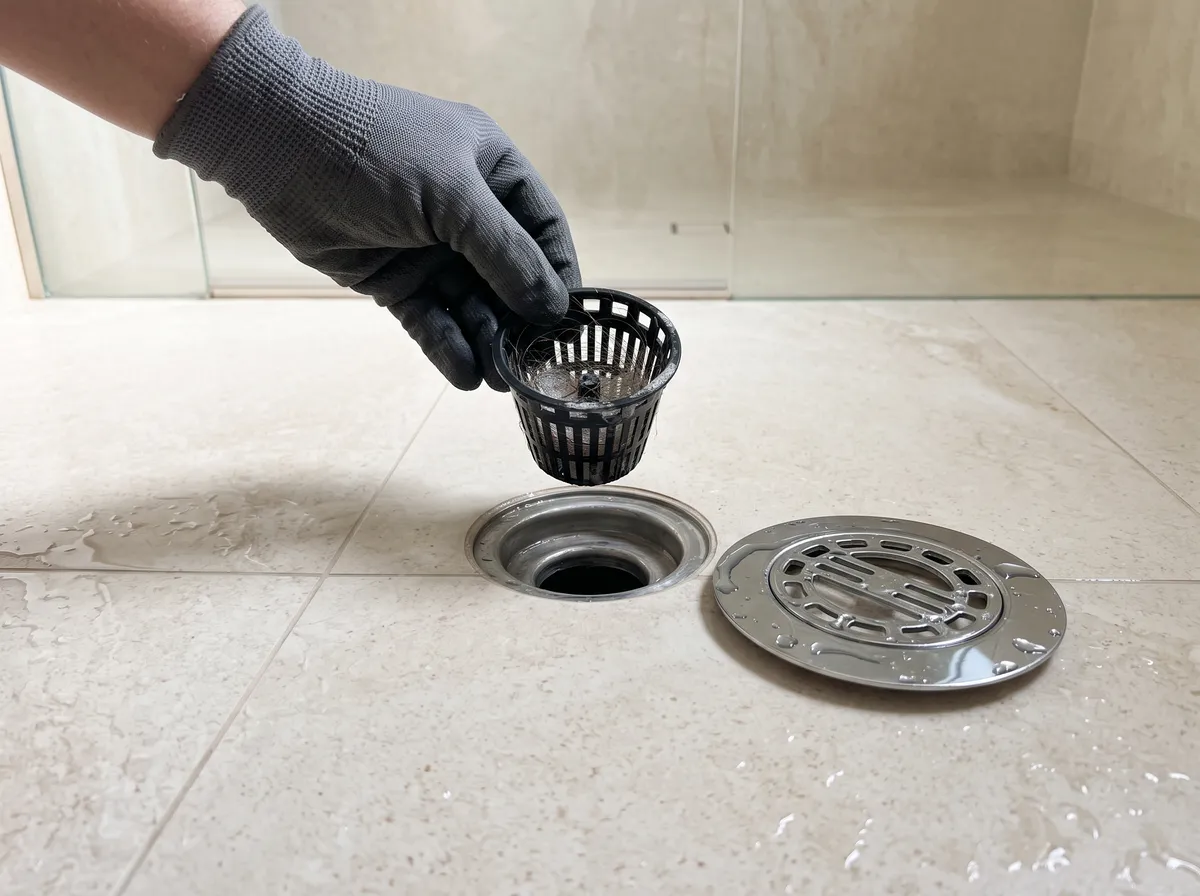 Removable shower hair catcher held above the drain, with the metal grate beside it.