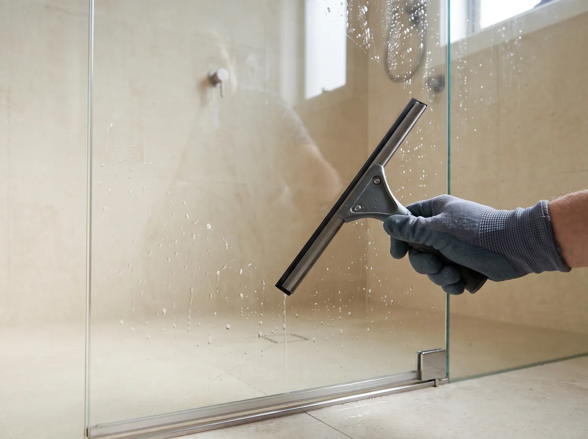 Squeegee removing water droplets from a shower-glass panel.