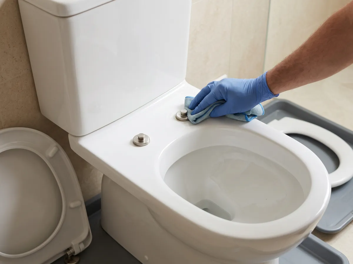 Cleaning the exposed toilet-seat mounting points with the seat removed.