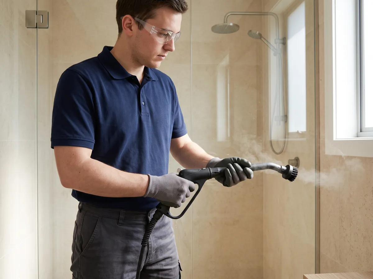 Cleaner holding a steam-cleaner detail attachment in a bathroom.