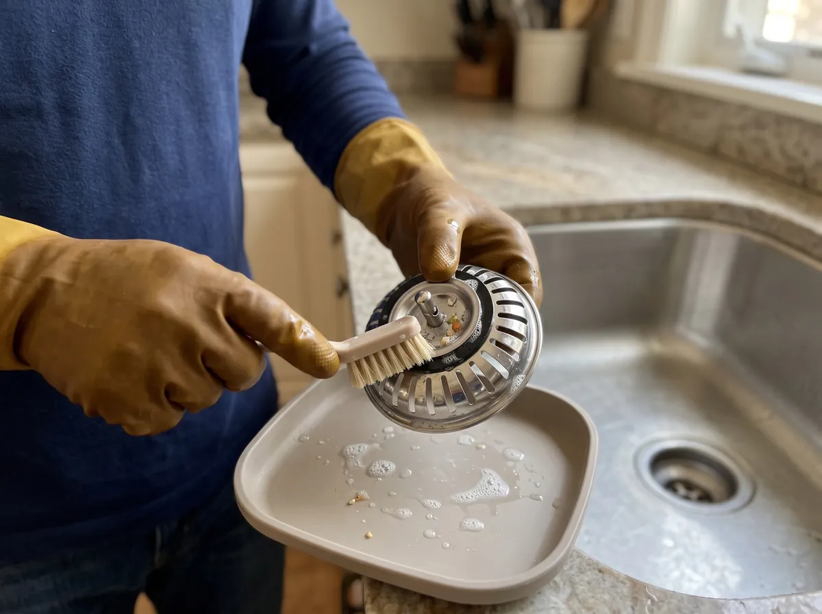Brush cleaning food residue from a removable kitchen sink strainer.