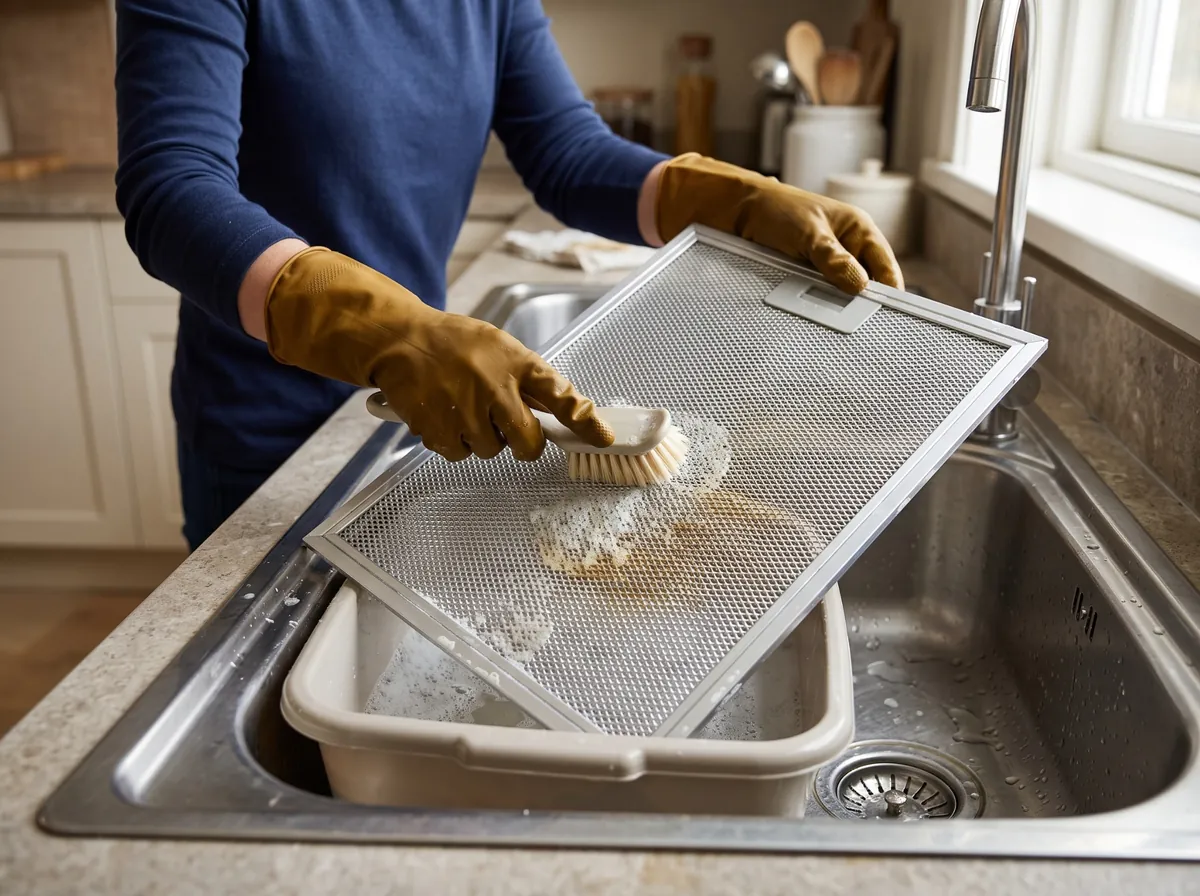 Soft brush cleaning a removable metal-mesh range-hood filter over a tray.