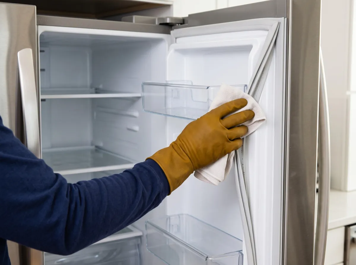 Cloth wiping the folds of a refrigerator door seal.