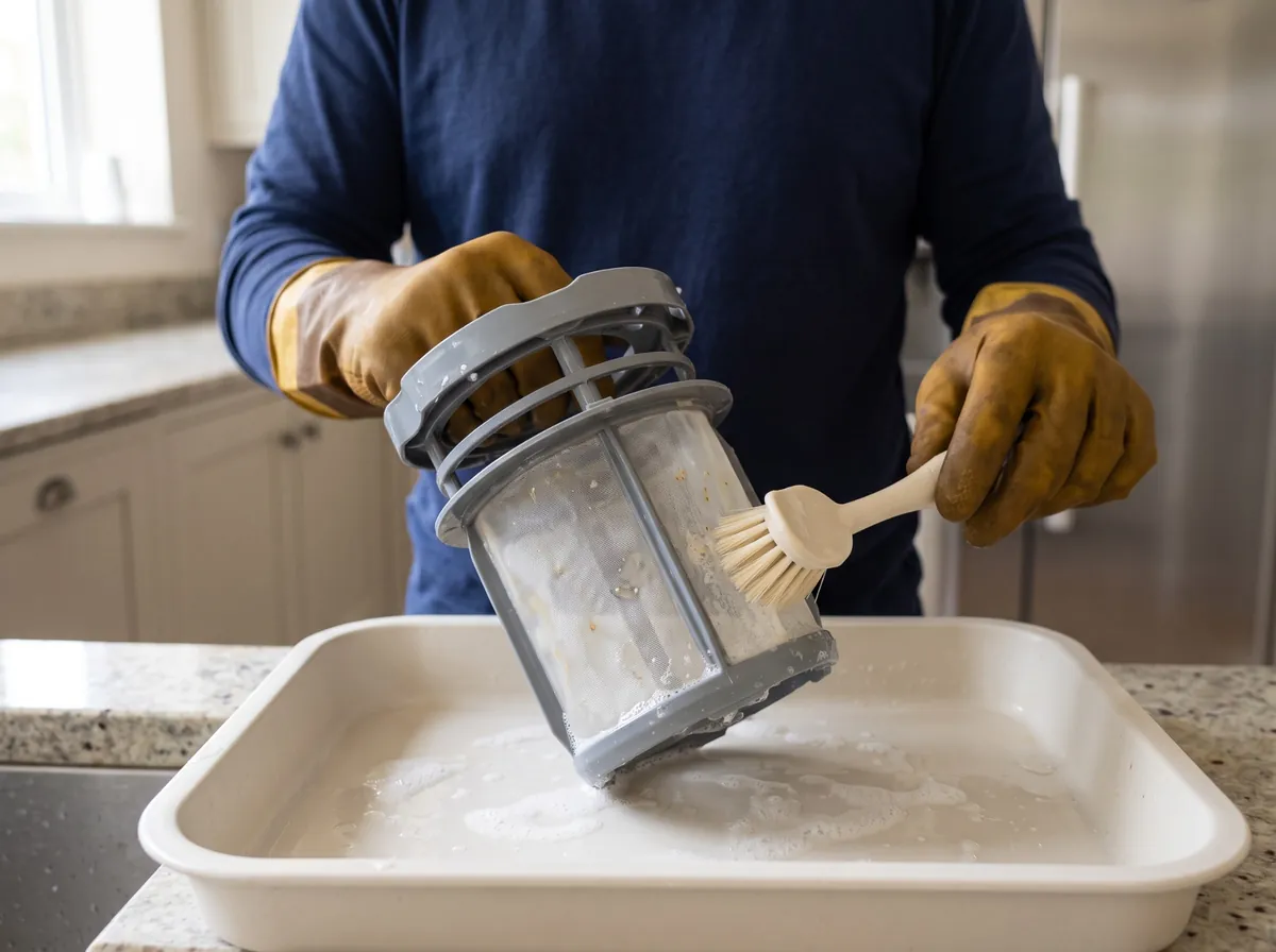 Soft brush removing residue from a removable dishwasher filter over a tray.