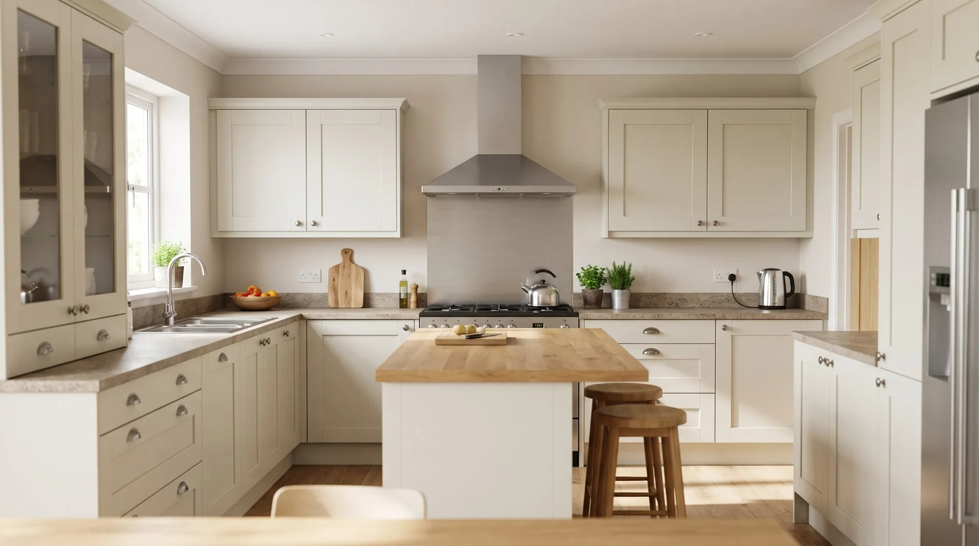 Bright kitchen with pale cabinets, a wood-topped island and stainless-steel appliances.