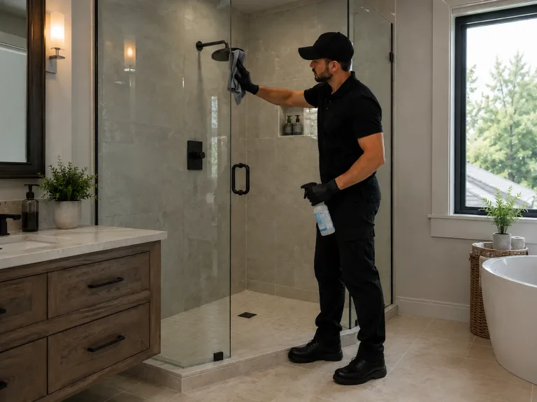 Shower glass being wiped in a bathroom with stone tile and a freestanding bath.