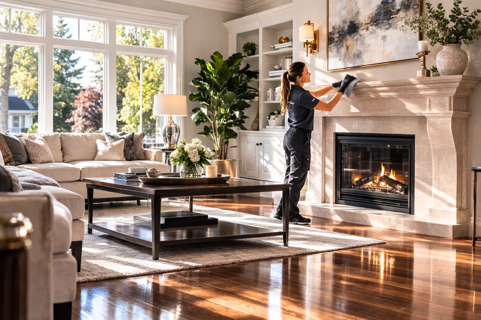 Meticulous deep house cleaning of a spacious living area with hardwood floors in Ancaster.