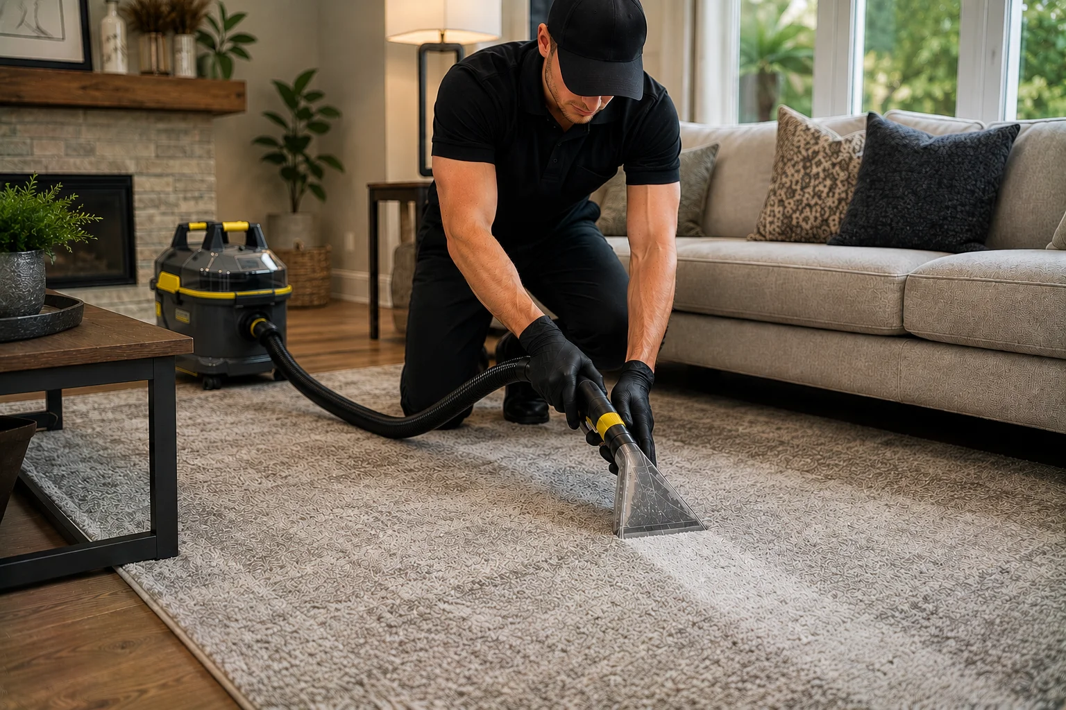 A cleaner using an extraction tool on carpet