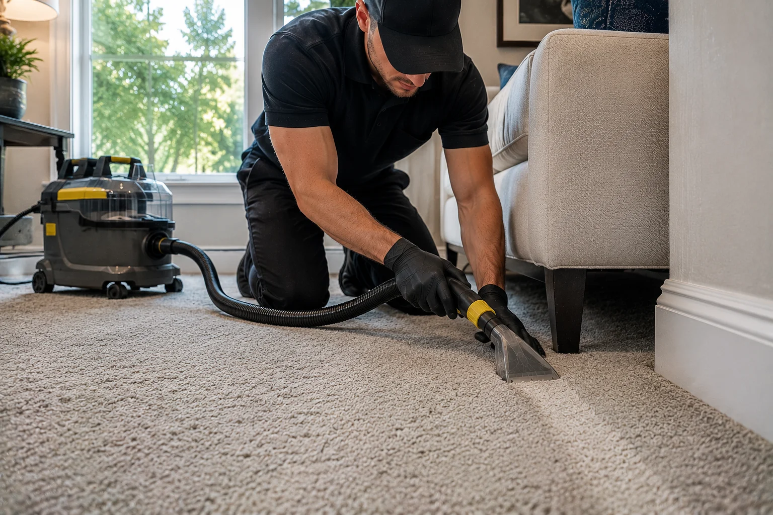 A cleaner detailing the carpet edge beside a wall
