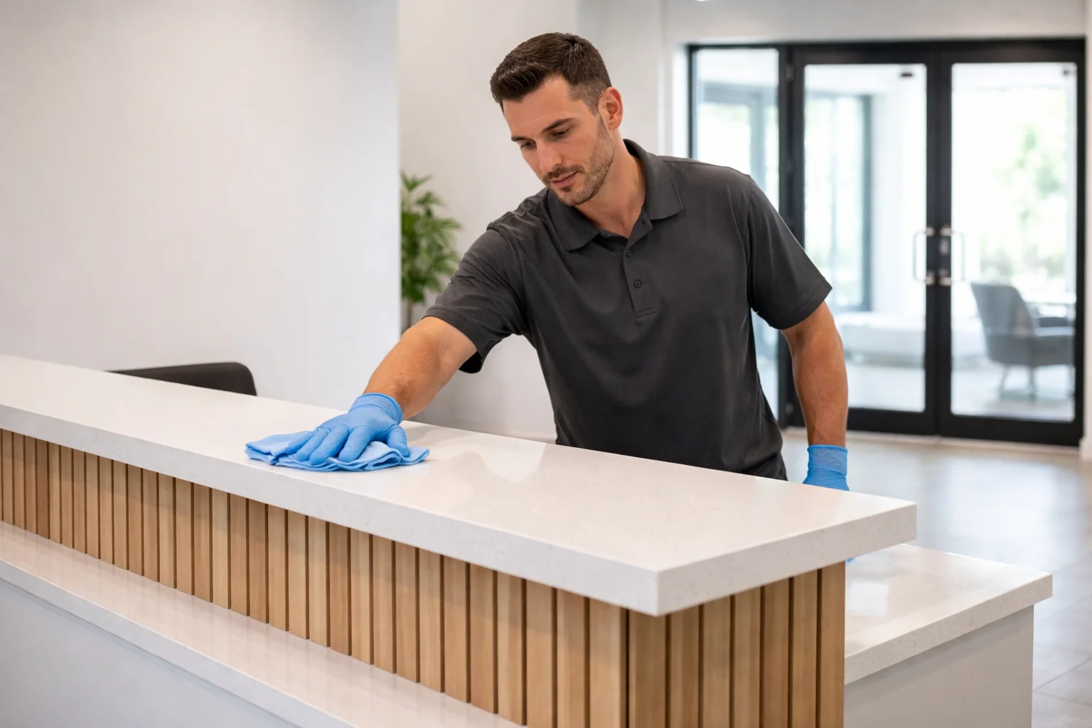 Thorough commercial deep cleaning of a professional workspace and desk in Beamsville.