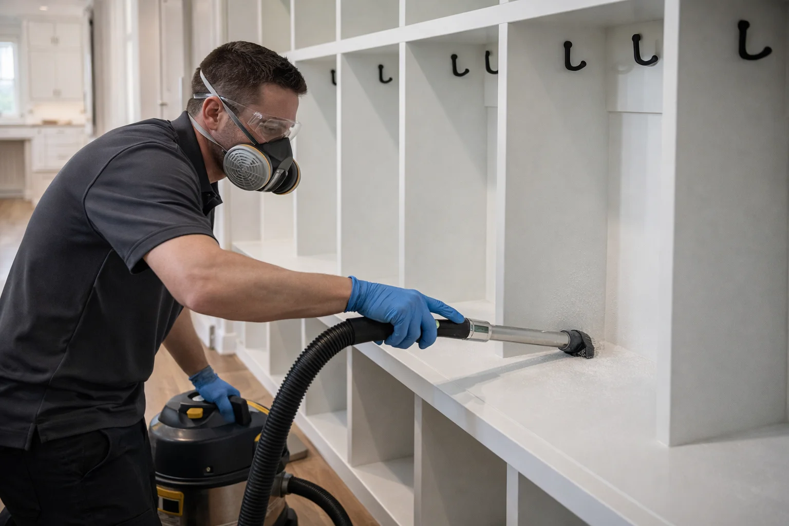 Technician using HEPA vacuums for a post-renovation deep clean in a newly built Beamsville home.