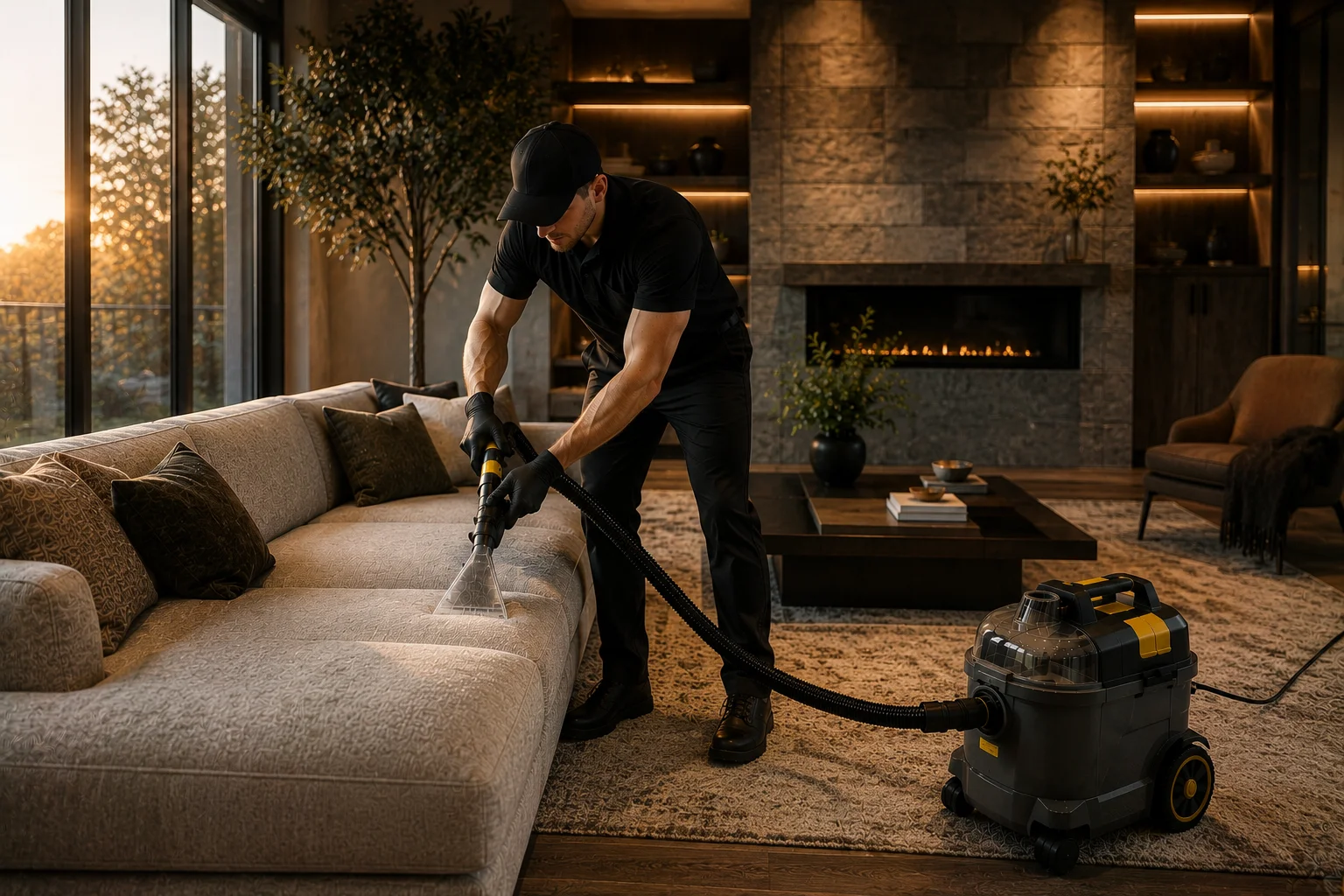 An extraction tool cleaning upholstered sofa fabric