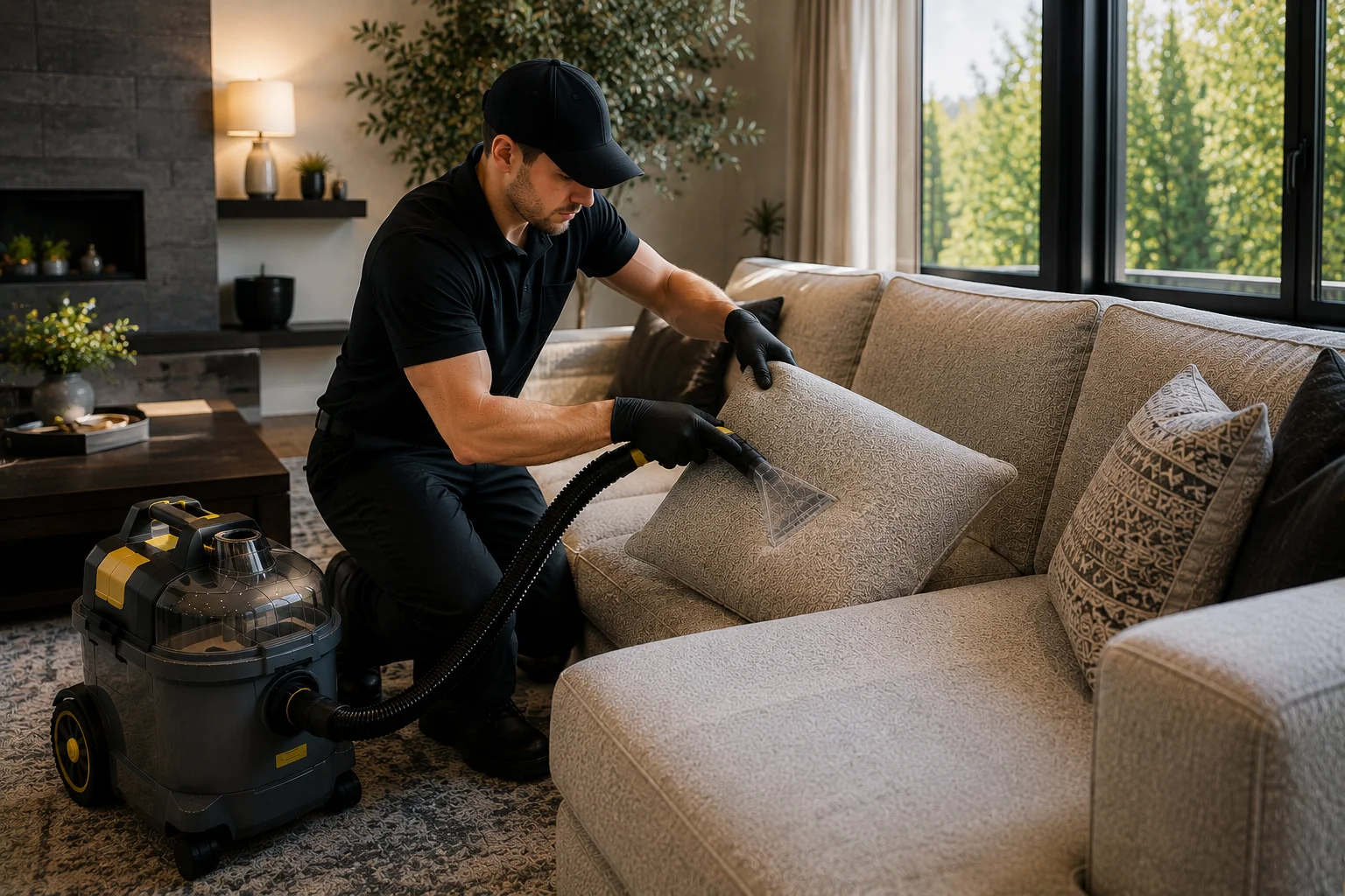An extraction tool cleaning upholstered chair or cushion fabric