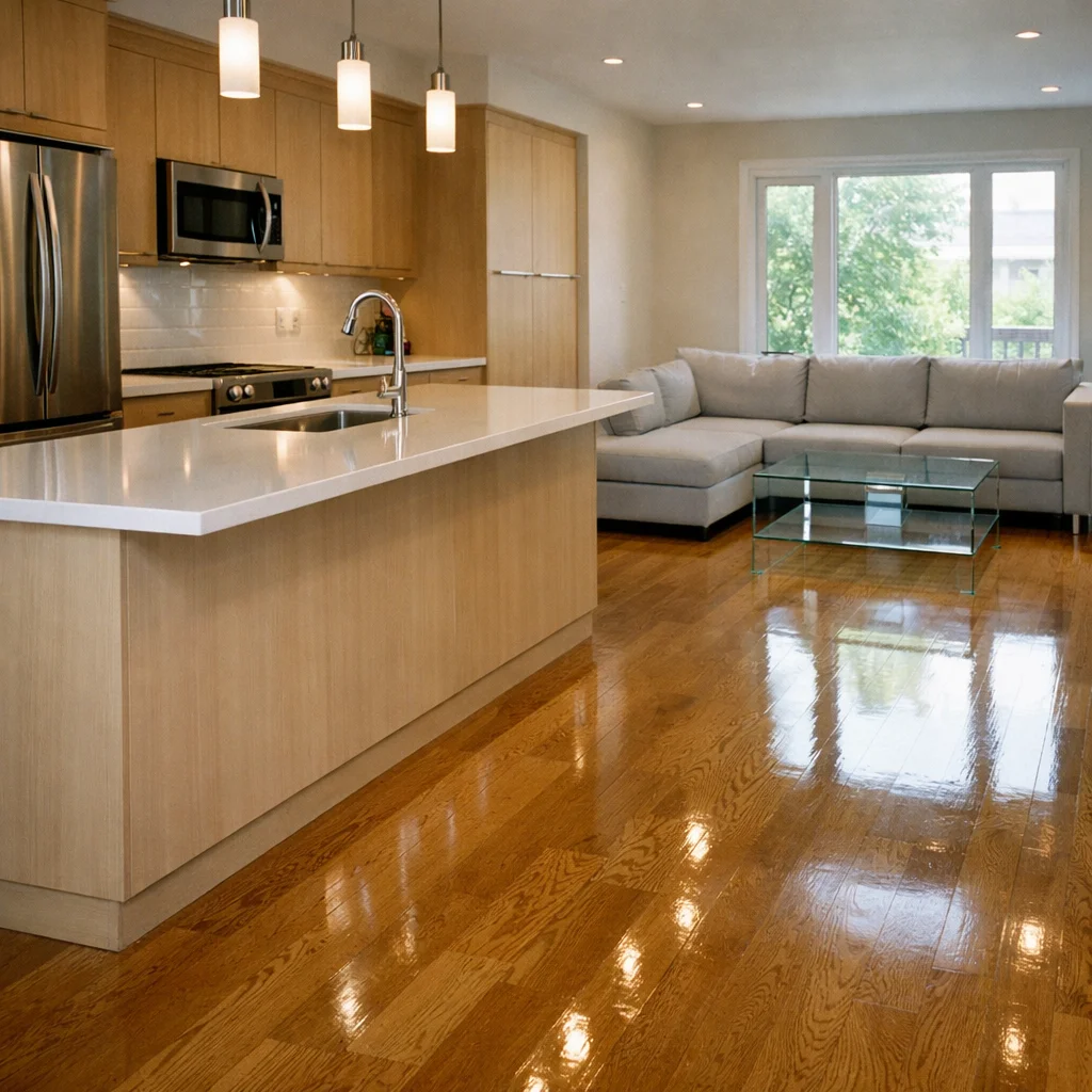 Bright upscale home interior after detailed residential deep cleaning with spotless floors, counters, and natural light