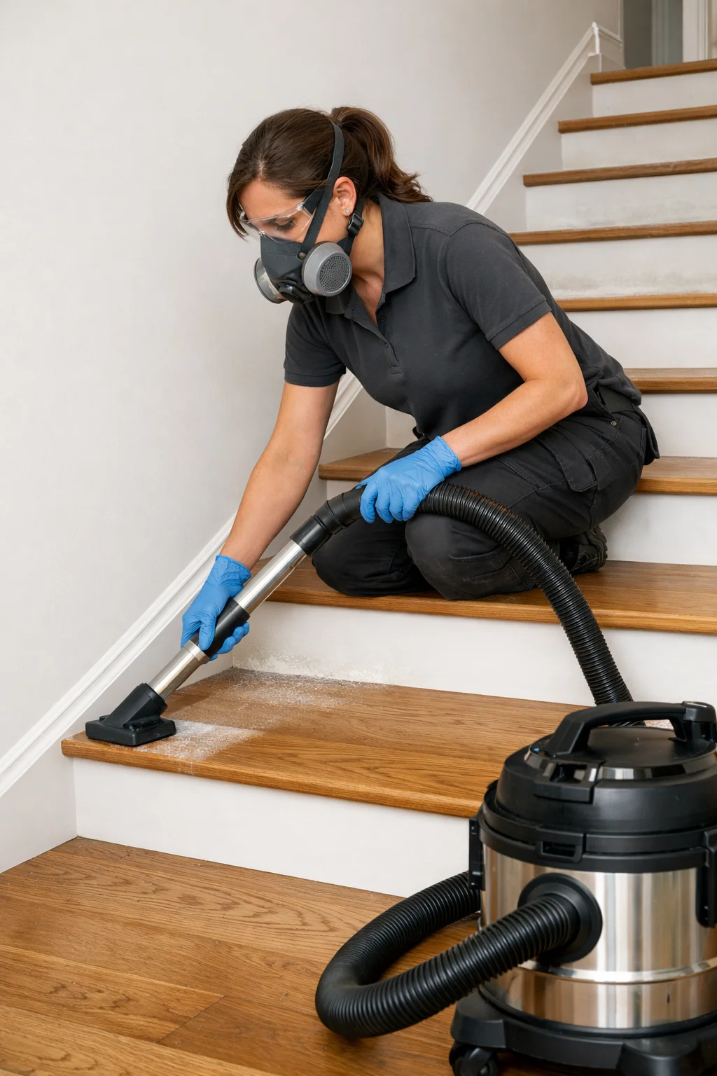 Technician using HEPA vacuums for a post-renovation deep clean in a Grimsby property.