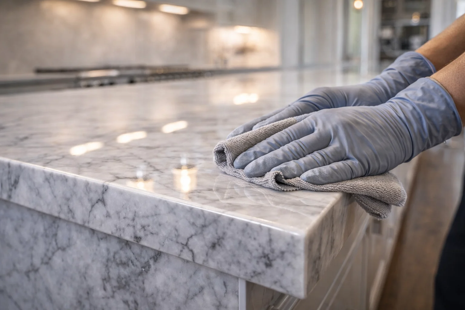 Meticulous deep house cleaning of a luxury marble kitchen island in Hamilton.