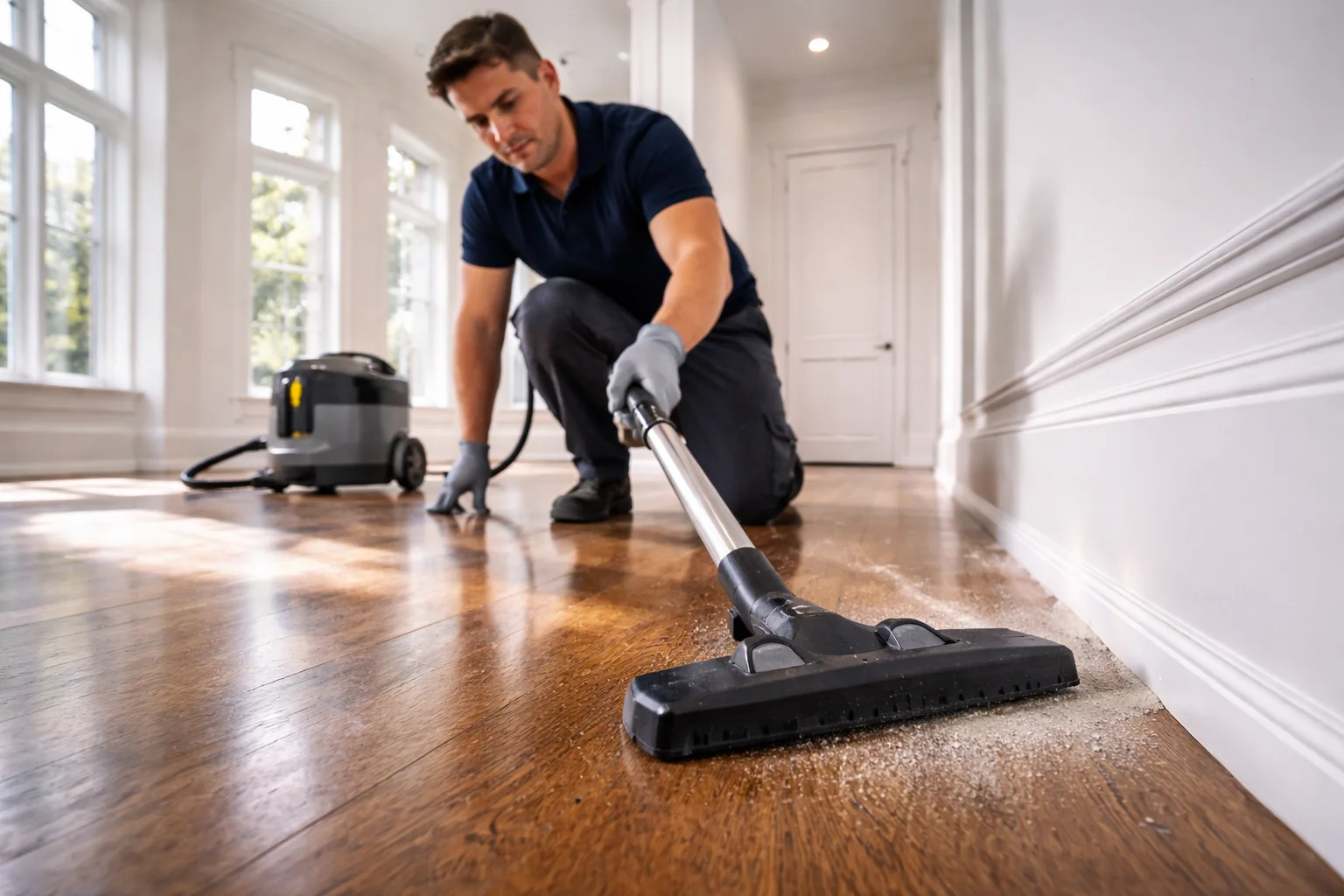 Technician performing a post-renovation deep clean using a German HEPA vacuum in Hamilton.