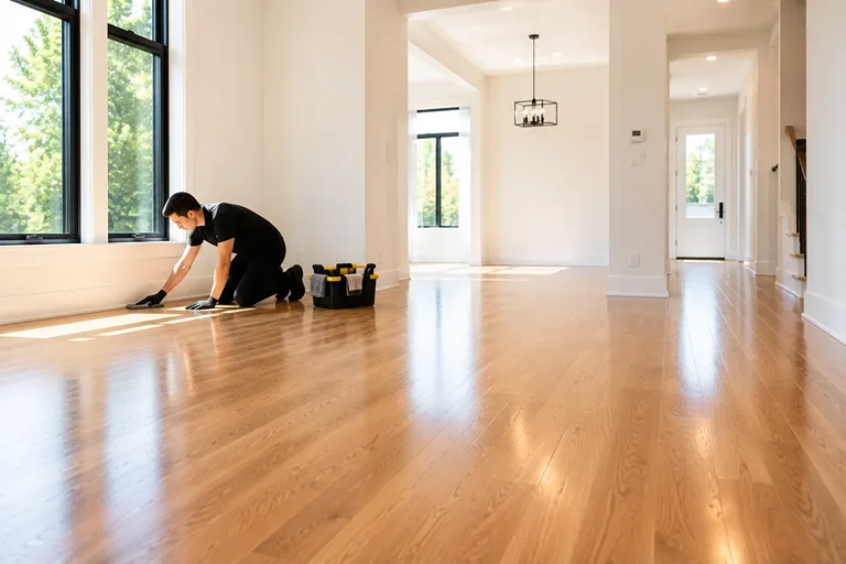 A cleaner wiping the floor edge beside a window in an empty room