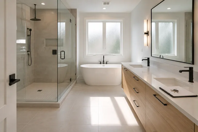 A bright bathroom with a glass shower, tub, and double vanity