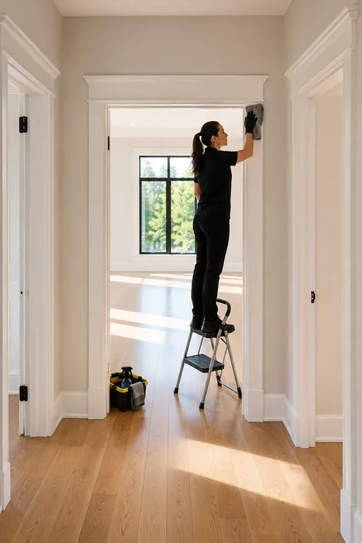 A cleaner on a stepladder wiping upper doorway trim
