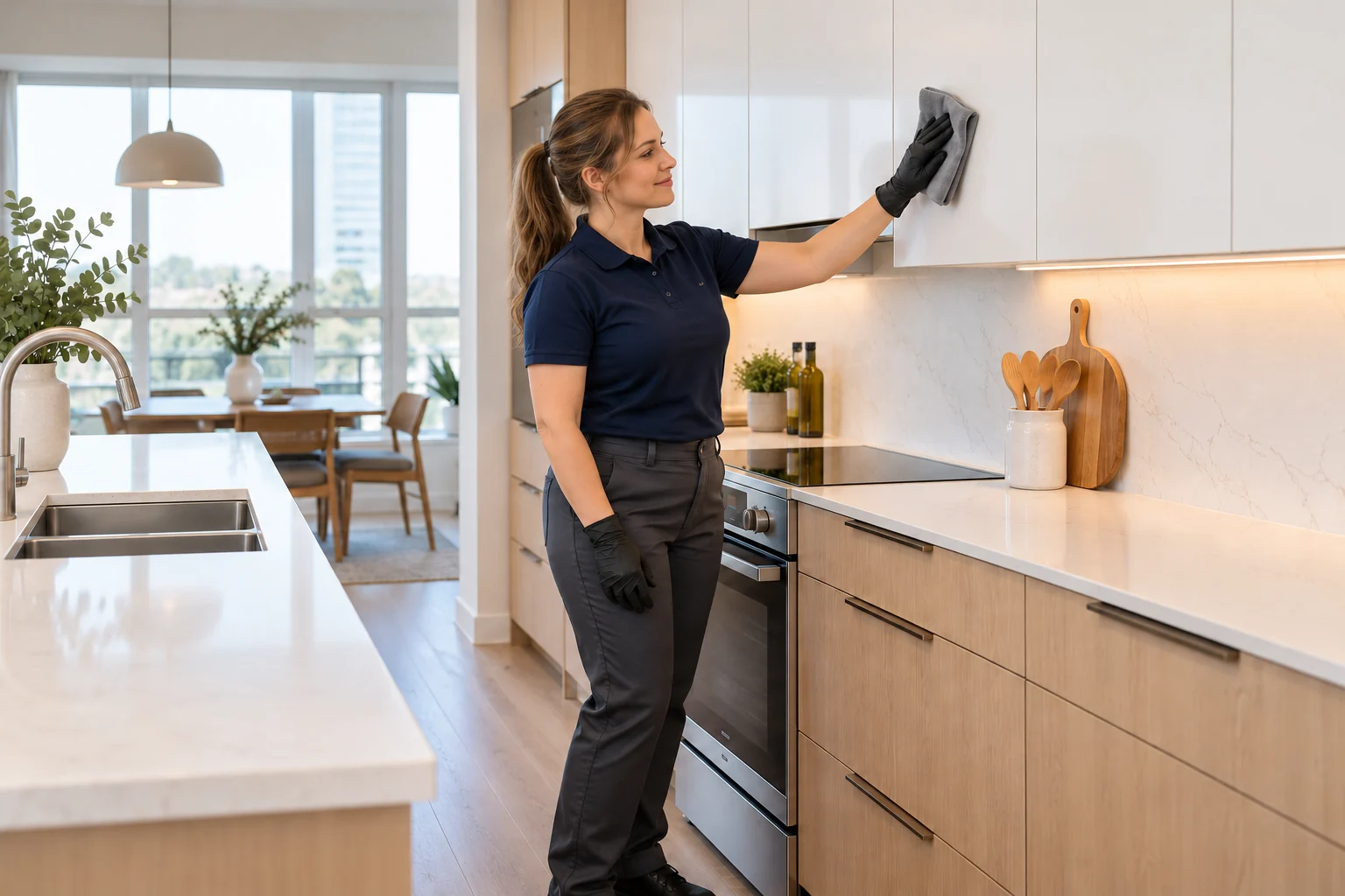 Cleaner wiping a kitchen cabinet door with a folded microfibre cloth.