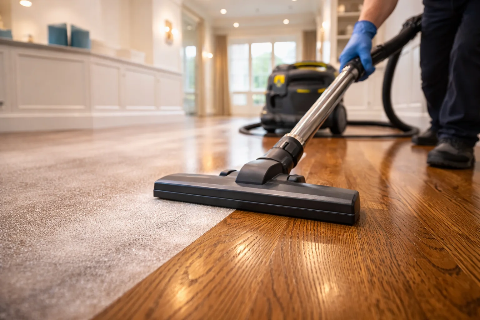 Post-renovation deep clean Markham utilizing industrial HEPA vacuums on new hardwood.