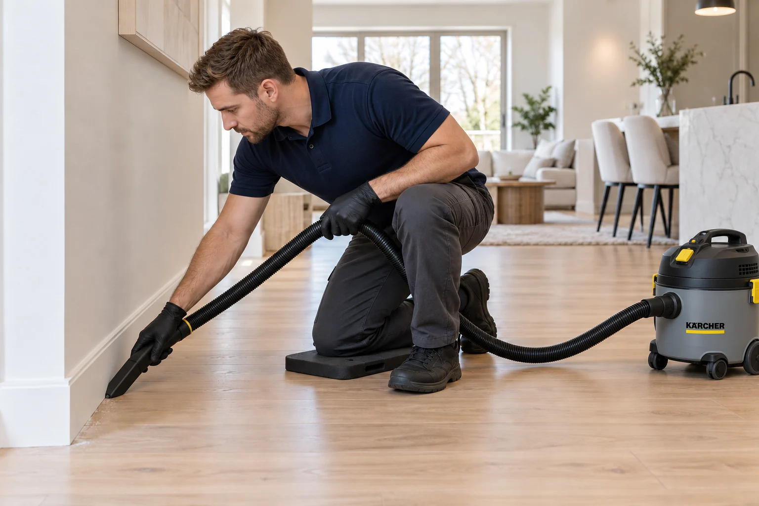 Cleaner vacuuming fine dust from the edge of an oak floor beside a white baseboard.
