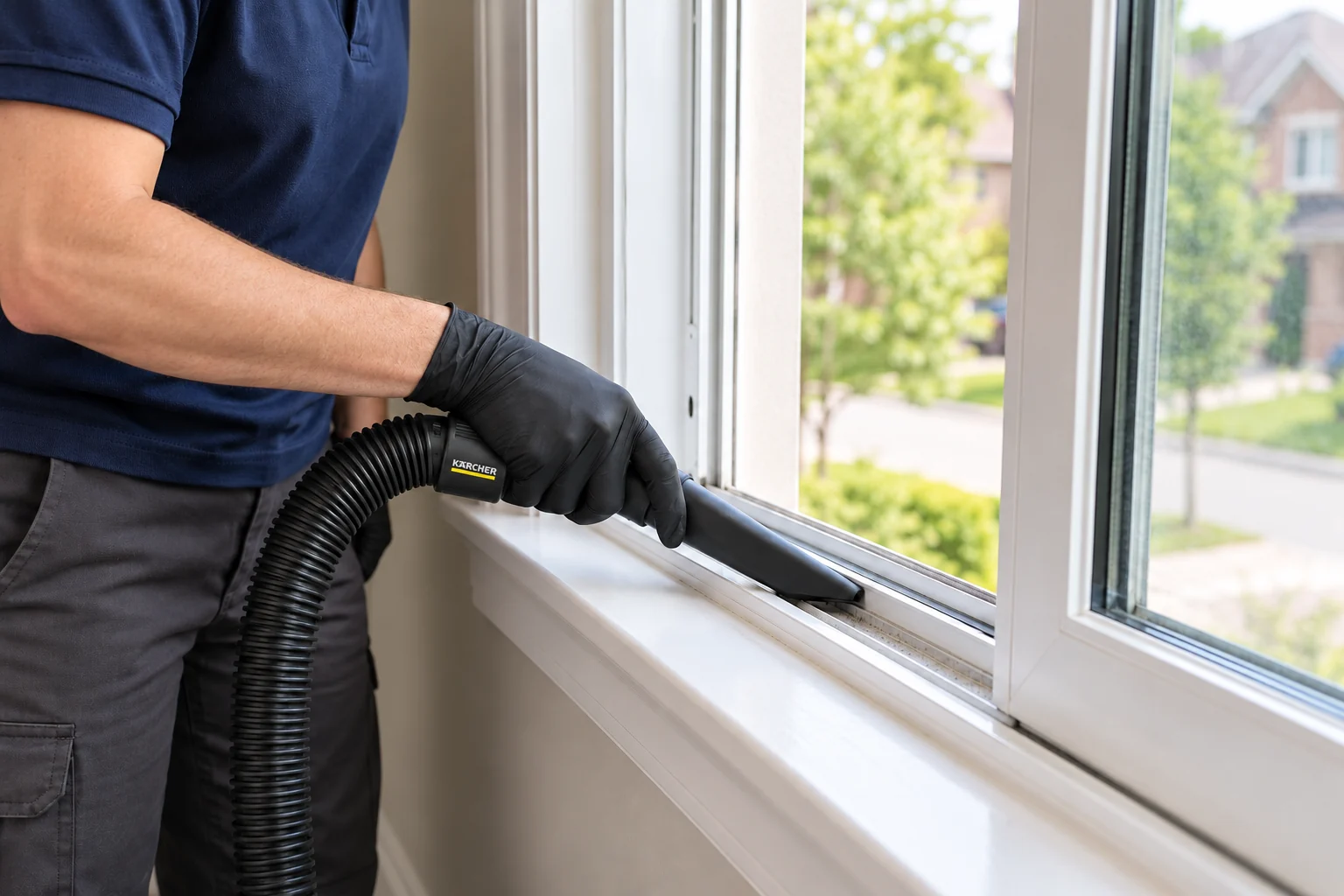 Gloved hand using a narrow vacuum nozzle to clean an open window track.
