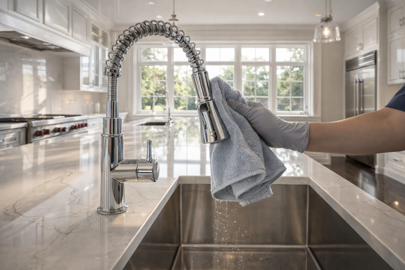 Expert deep residential cleaning Mississauga for a massive custom chef's kitchen in Lorne Park.