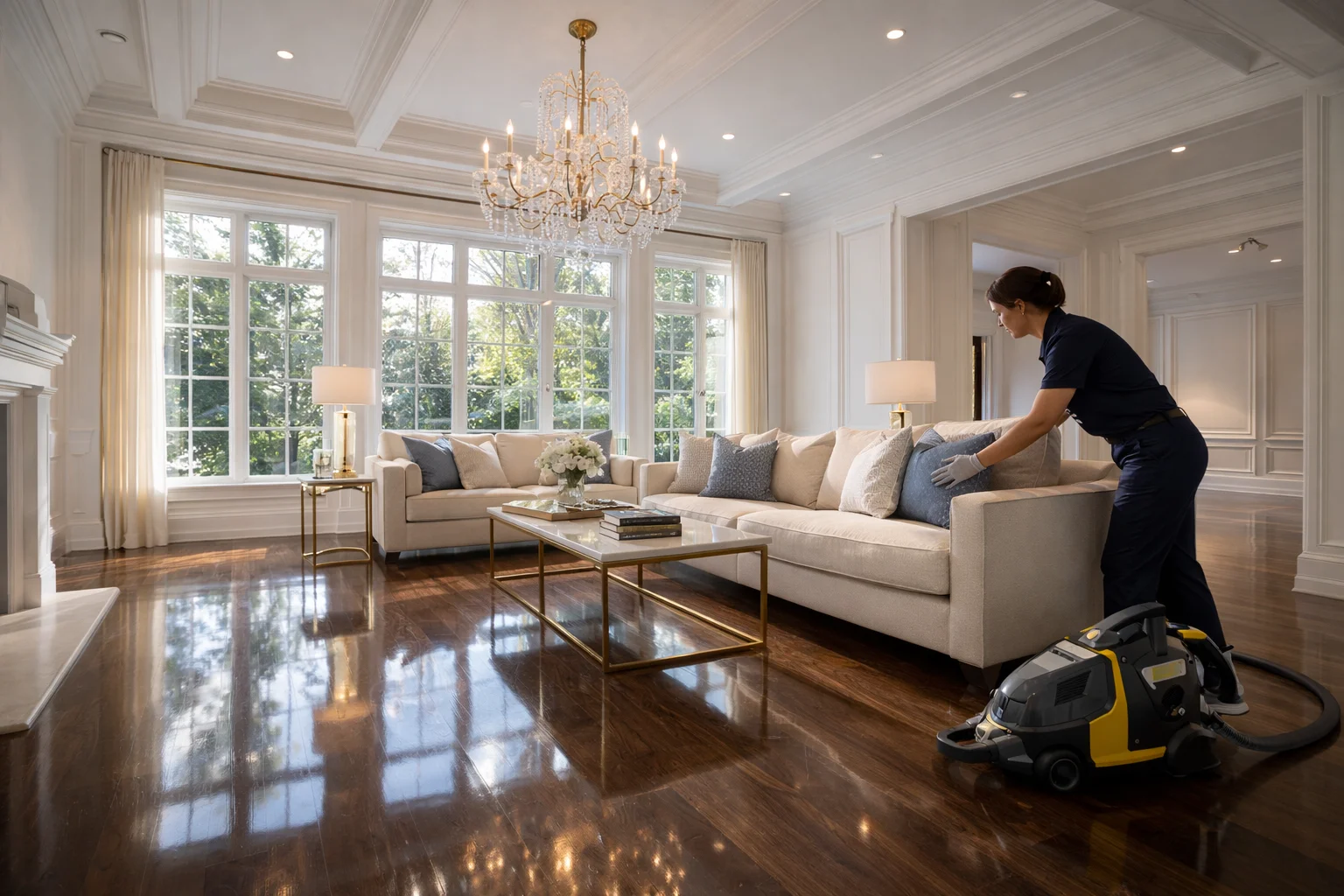 Immaculate living room in a Lorne Park luxury estate receiving professional deep house cleaning Mississauga.