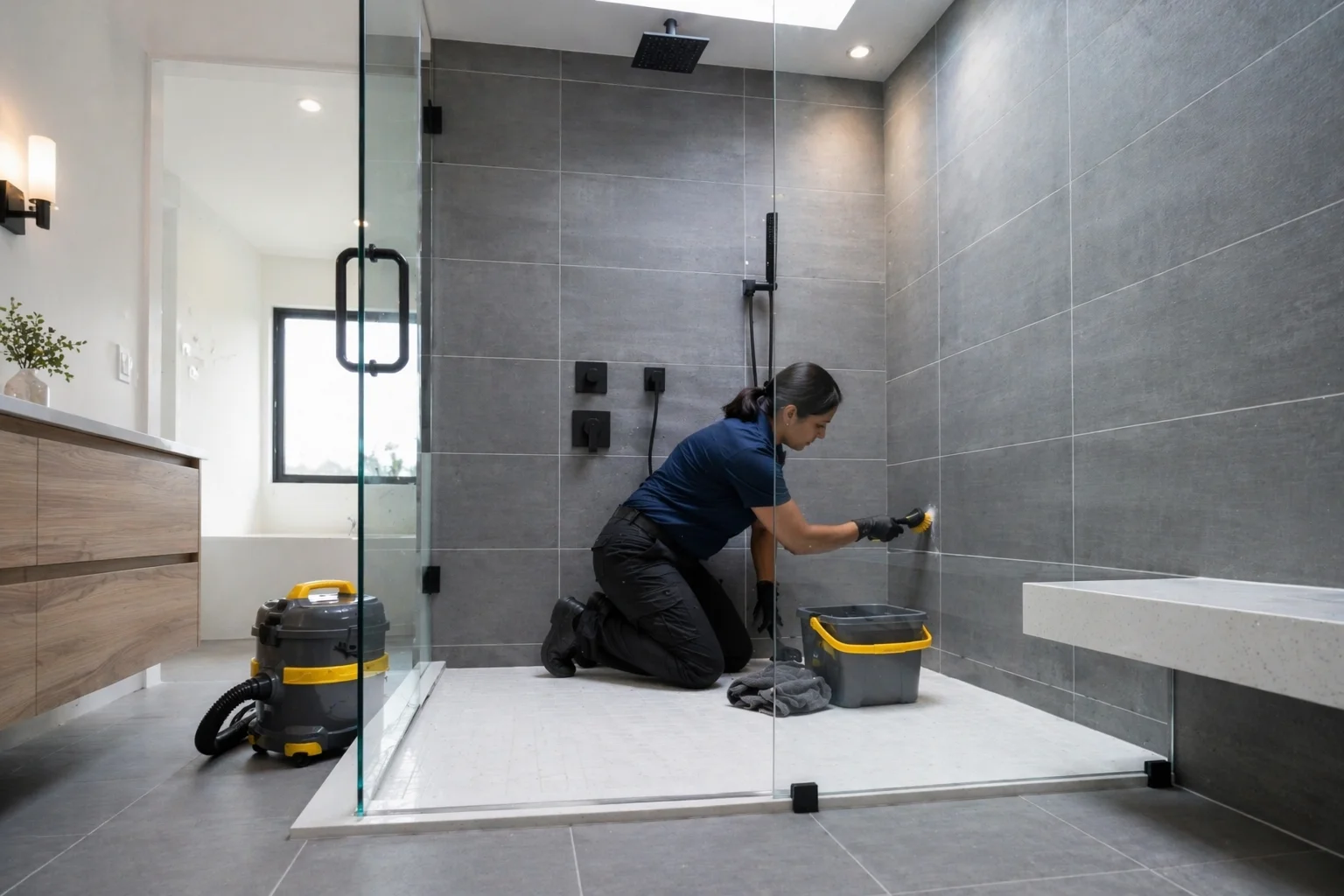 Bathroom post-renovation cleaning in a Mississauga property with tile, glass, and fixture detailing