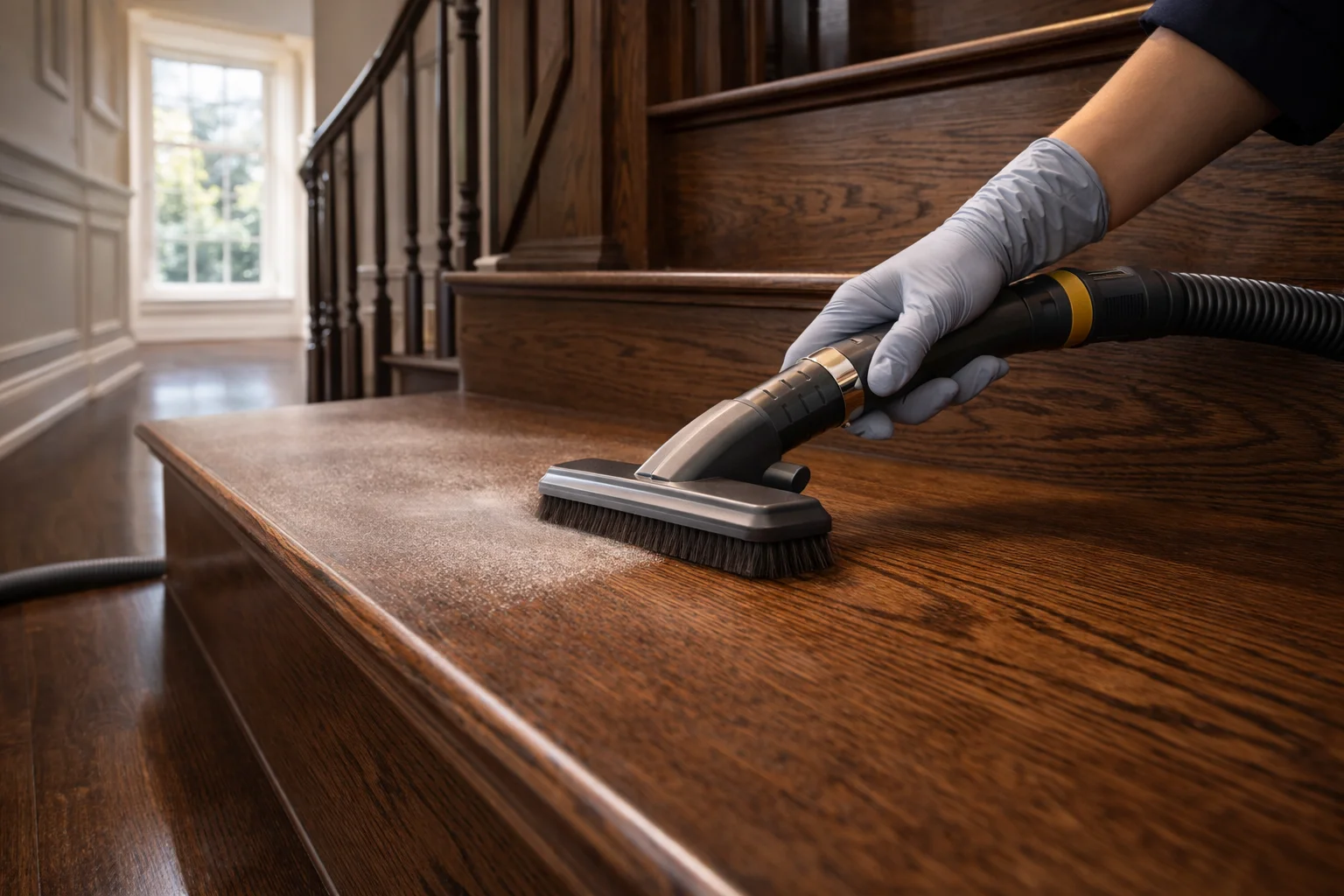 Post-renovation deep clean Mississauga utilizing German HEPA extraction on custom staircases.