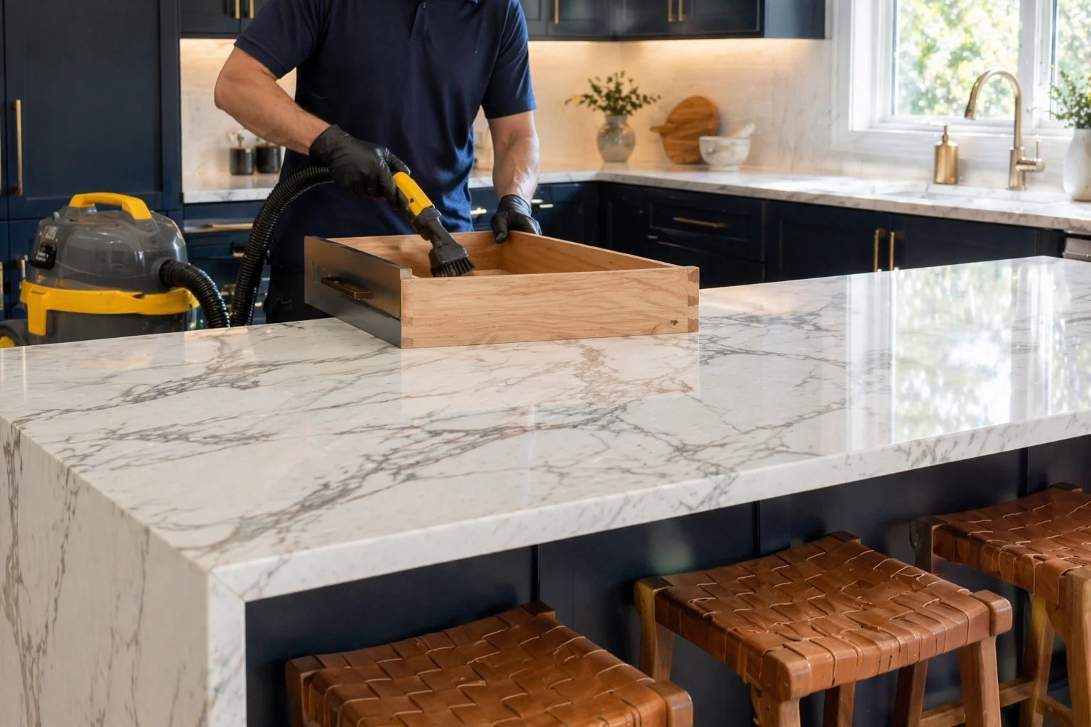 Kitchen post-renovation cleaning in Mississauga with detailed cabinet, counter, and surface dust removal