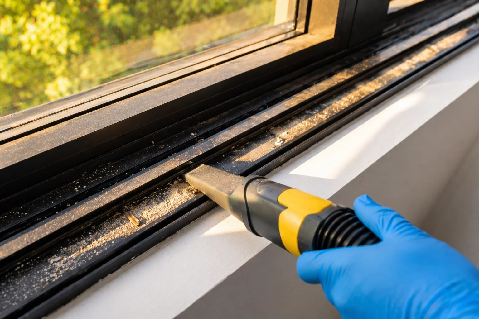 Window track, trim, and edge cleaning during post-renovation cleaning in Mississauga