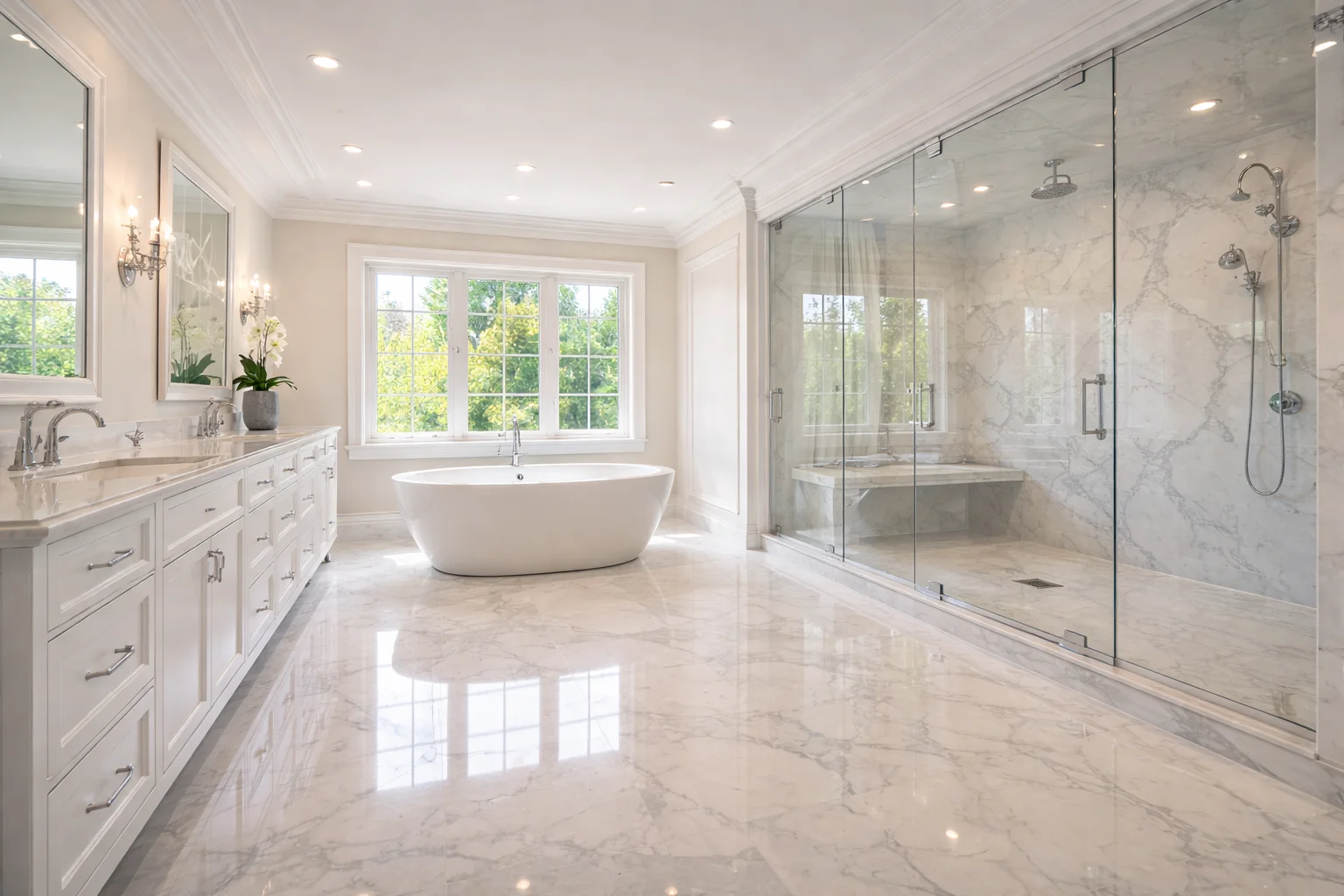 Move-out deep cleaning company Mississauga detailing an empty luxury master bath for listing.
