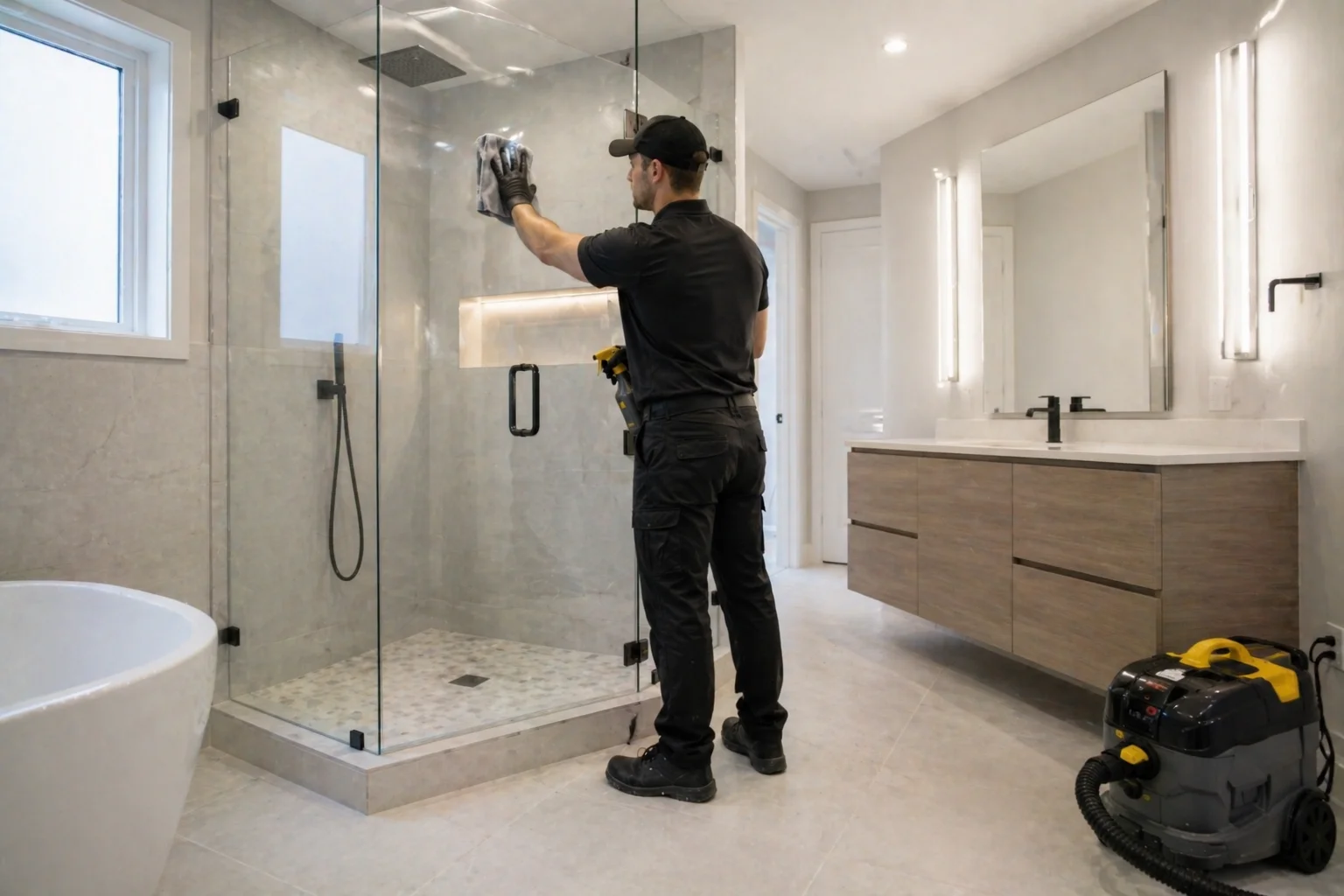 Bathroom post-renovation cleaning in an Oakville property with tile, glass, and fixture detailing