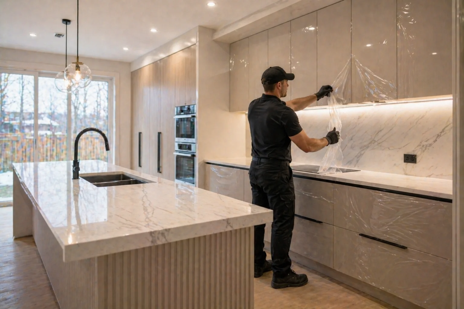 Kitchen post-renovation cleaning in Oakville with detailed cabinet, counter, and surface dust removal
