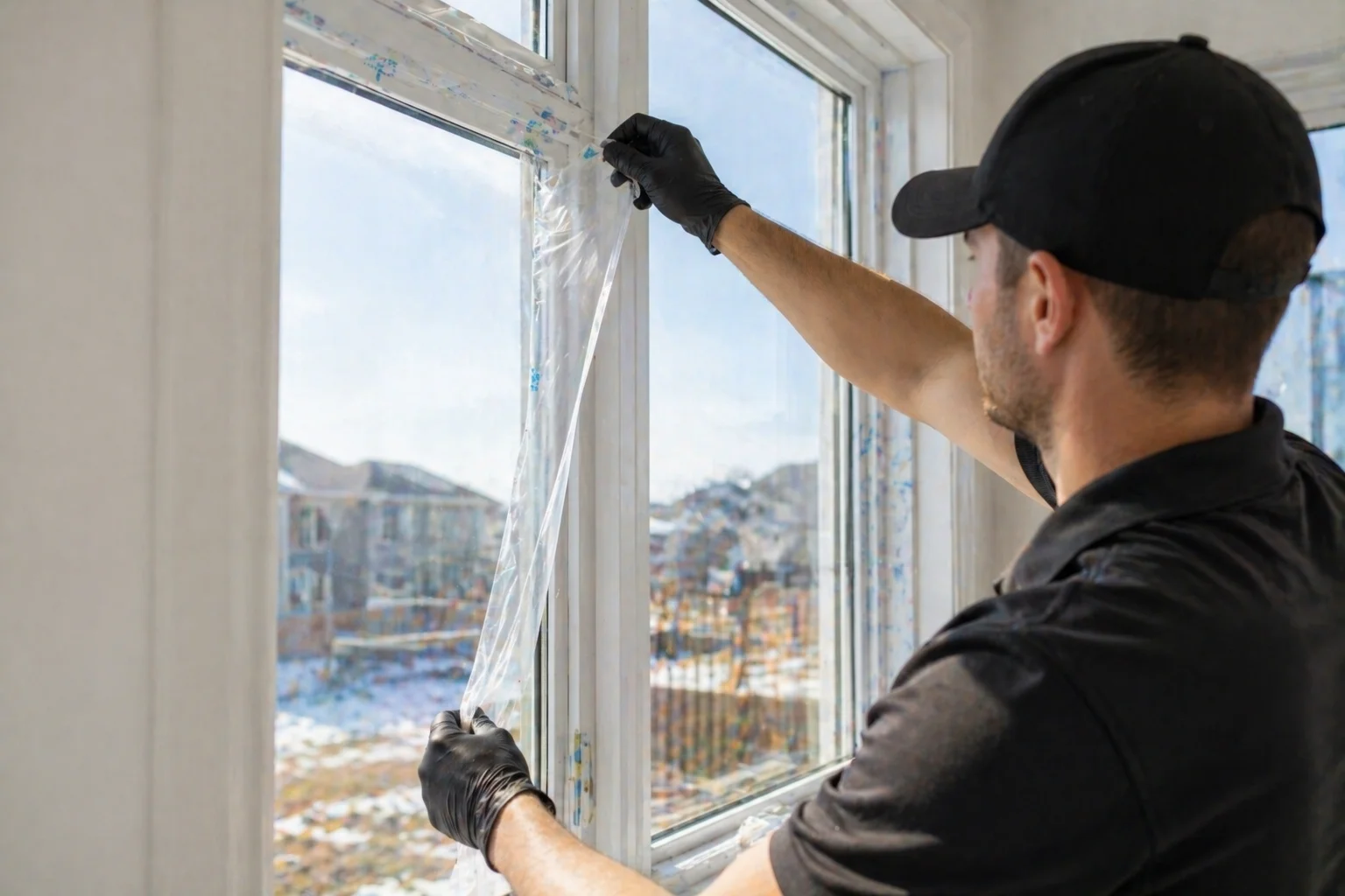 Window track, trim, and edge cleaning during post-renovation cleaning in Oakville