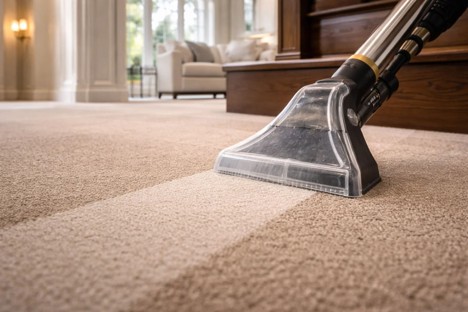 Professional carpet and upholstery hot water extraction in a spacious Oakville suburban home.