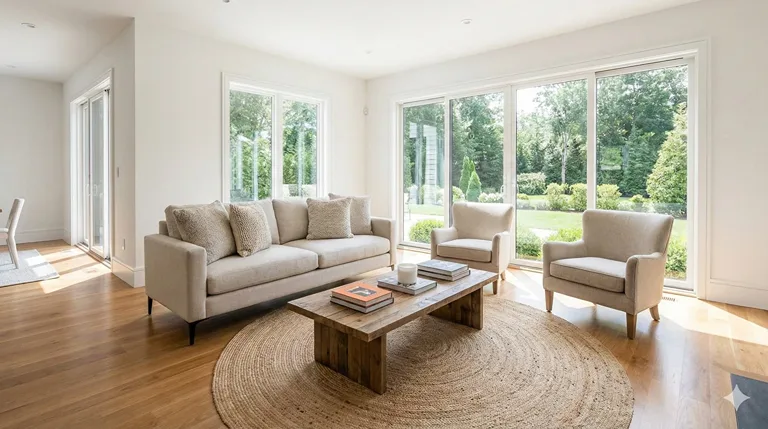 Light-filled living room with pale seating, wood flooring and garden-facing windows.