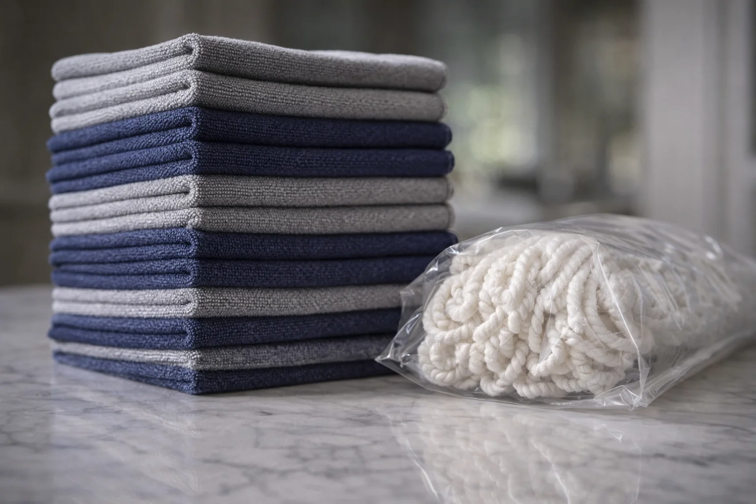 Dozens of fresh, folded microfiber cloths and brand new mop heads prepared for a deep clean.