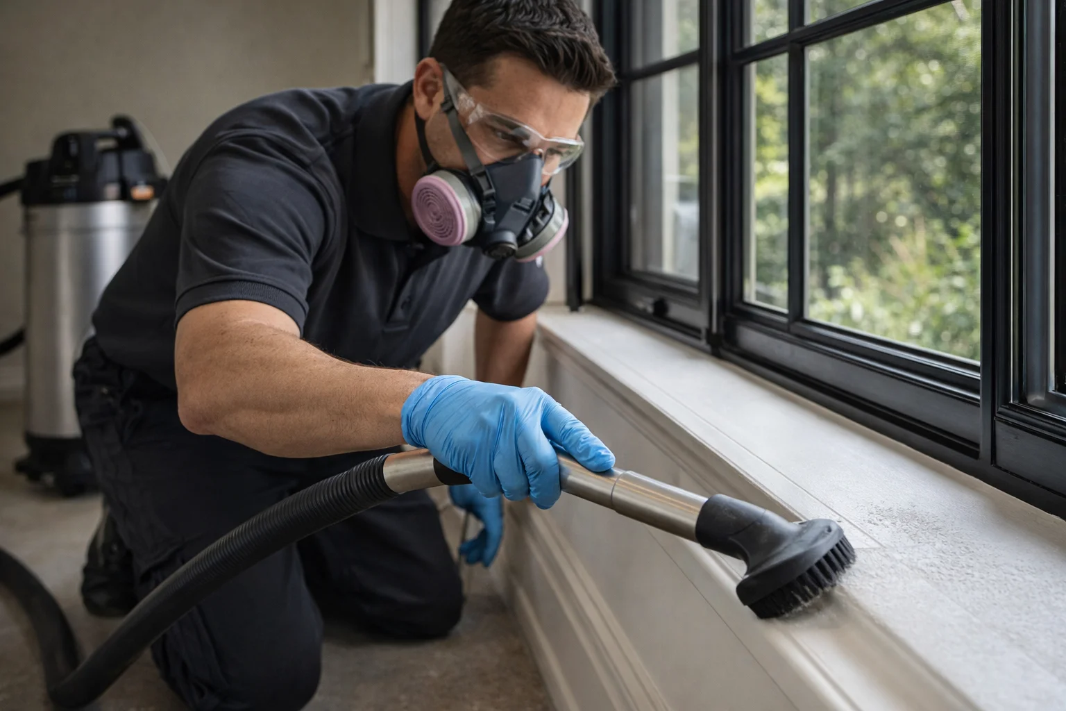 Technician effectively removing construction dust with a HEPA vacuum during a post-renovation deep clean in St. Catharines.