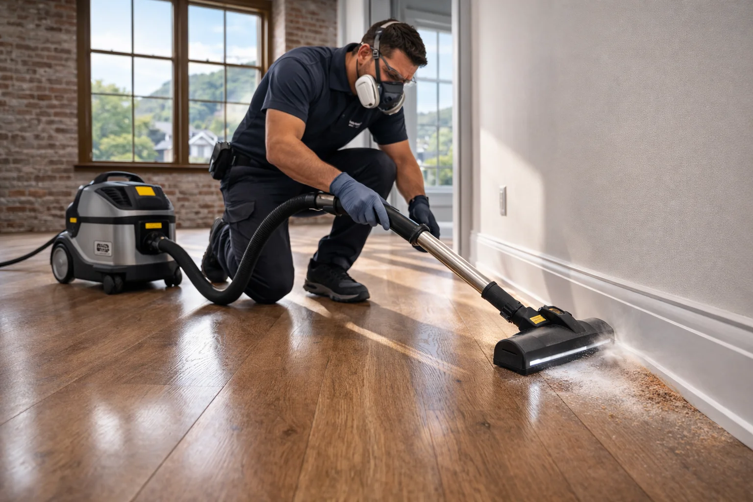 Deep cleaning company technician removing construction dust in a new Stoney Creek development.