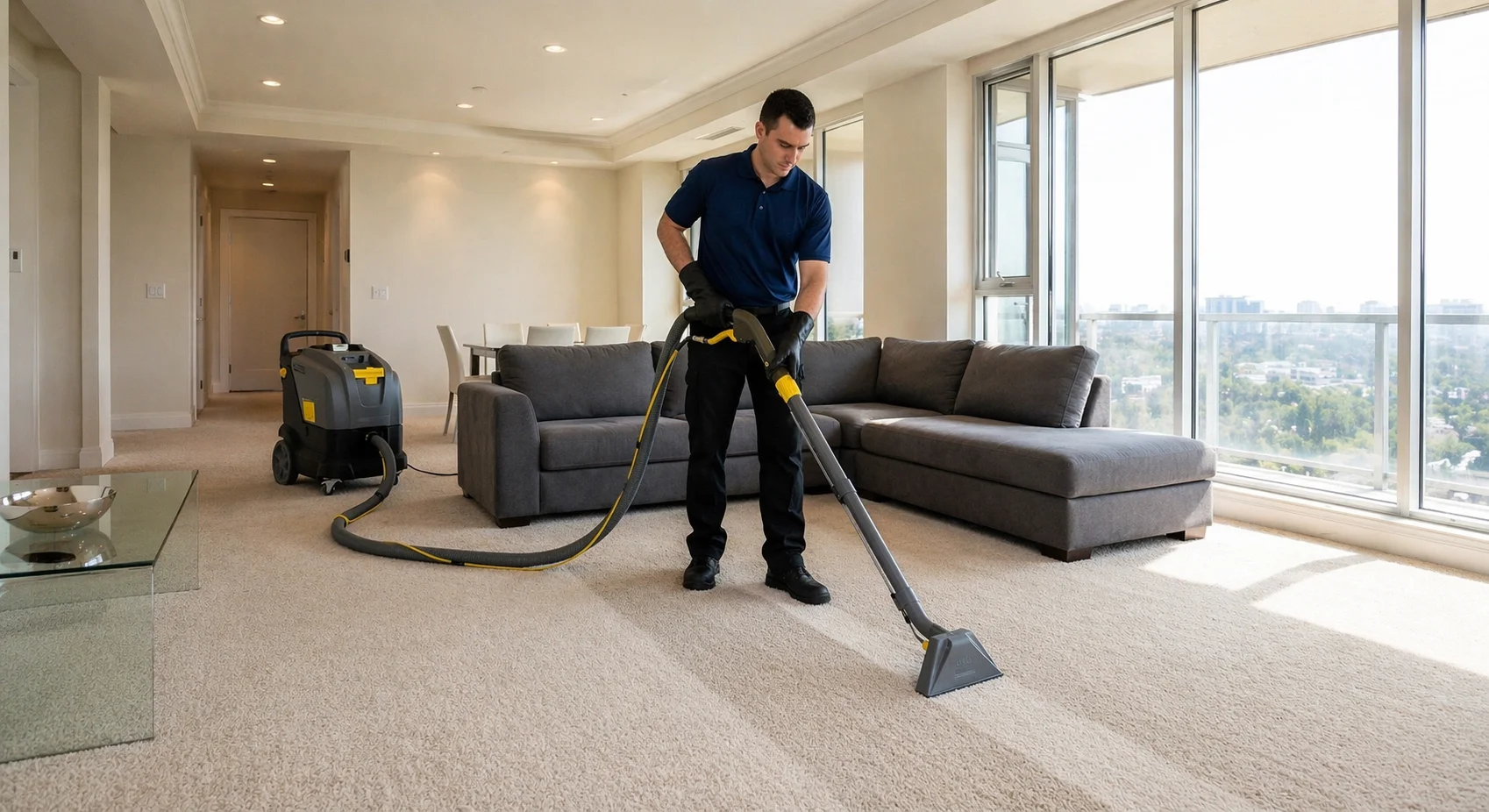 Carpet and upholstery cleaning in a Toronto home with deep extraction cleaning equipment