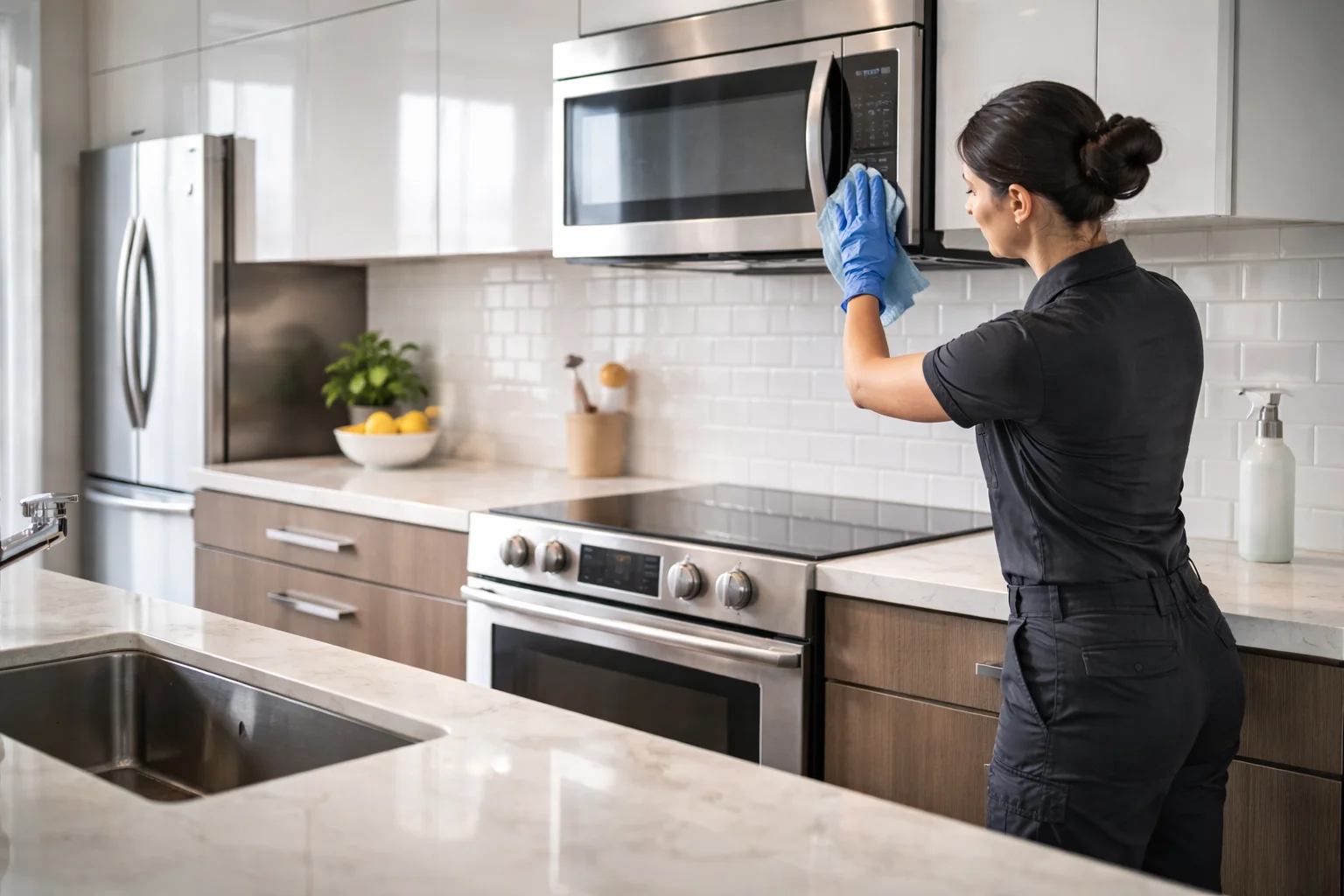 Deep residential kitchen cleaning in a Toronto home with detailed cabinet and appliance care