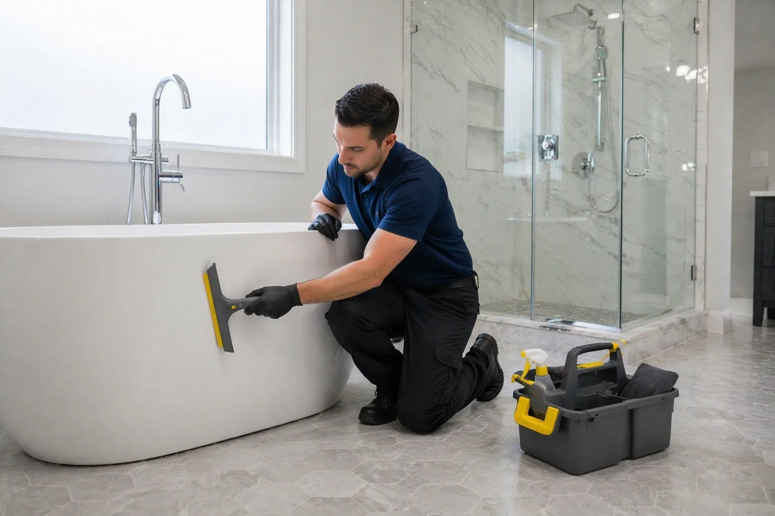 Move-out bathroom cleaning in a Toronto property with detailed tile, glass, and fixture care