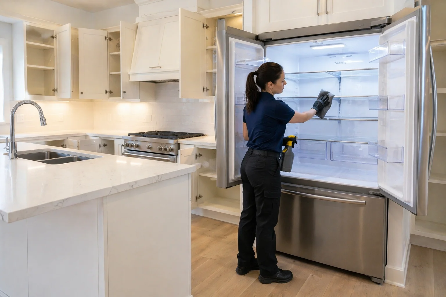 Move-out kitchen cleaning in a Toronto home with detailed cabinet, appliance, and surface care