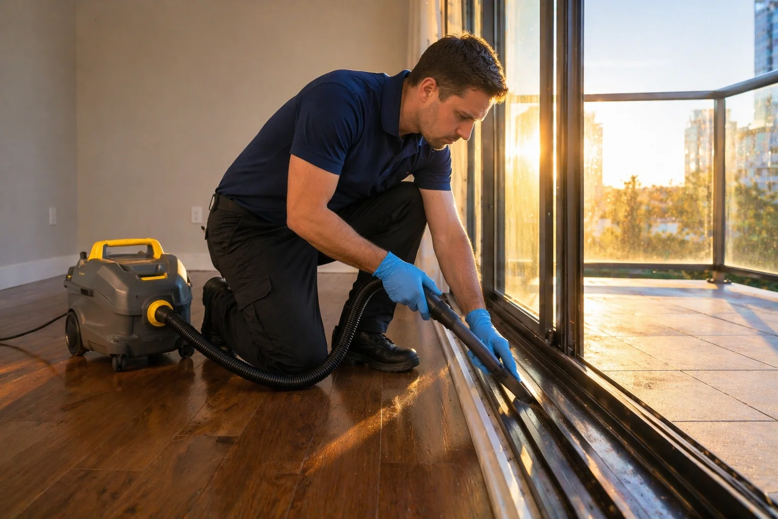 Window track and edge detailing during move-out cleaning in a Toronto home